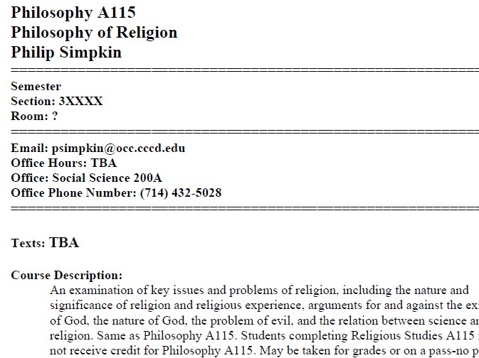 Philosophy of Religion A115 Syllabus